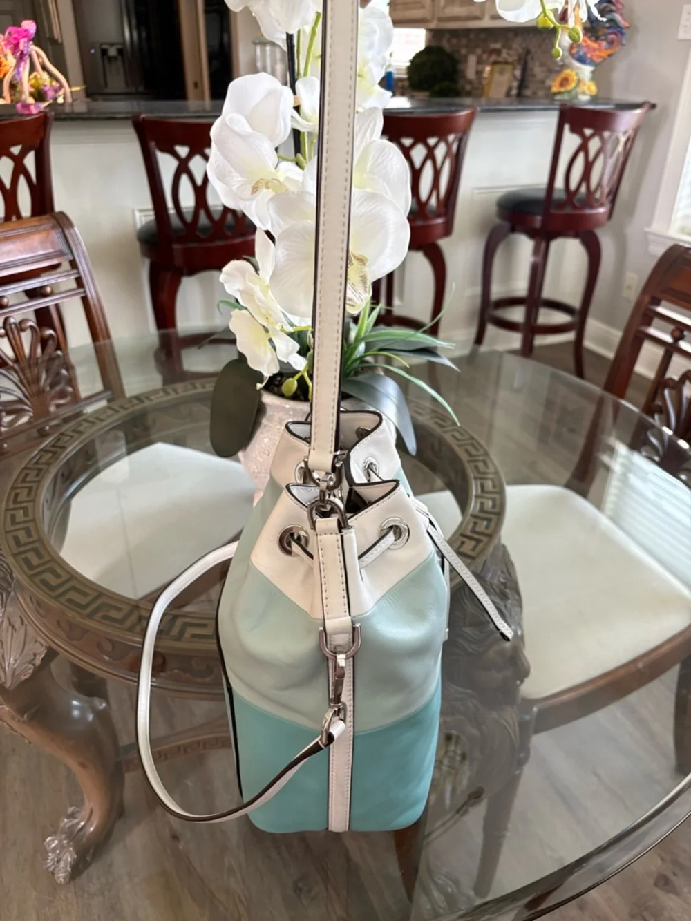 Michael Kors Two-Tone White and Mint Green Leather Drawstring Shoulder Bag